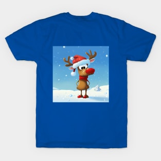 Reindeer with Santa Hat and Red Scarf Standing and Waiting for Christmas T-Shirt